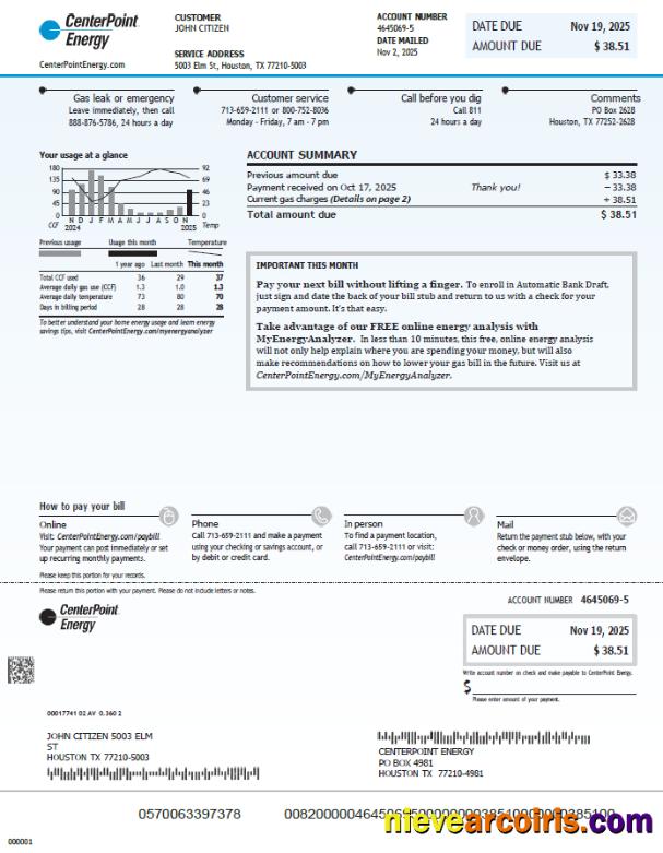 USA Center Point Energy utility bill